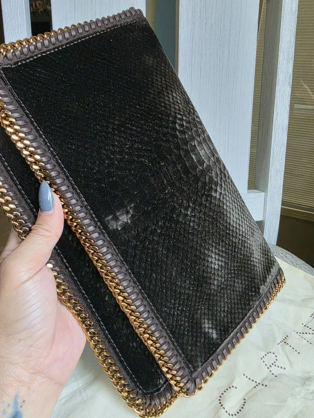 Stella McCartney Black Faux-Snake Foldover Chain Clutch with Gold Trim